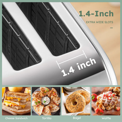 4 Slice Stainless Steel Toaster, Extra Wide Deep Slots for Thick Bread & Bagel, High Lift Lever Design, 7 Browning Shades with Warm Rack, Removable Crumb Tray, Silver Multipurpose Muffin Breakfast Toaster