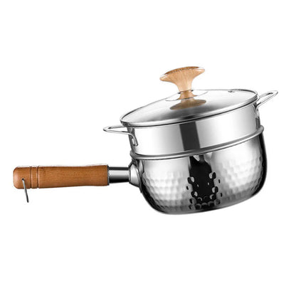 Stainless Steel Sauce Pan with Steamer Basket Glass Lid and Functional Design for Milk Heating Noodle Cooking and Steaming