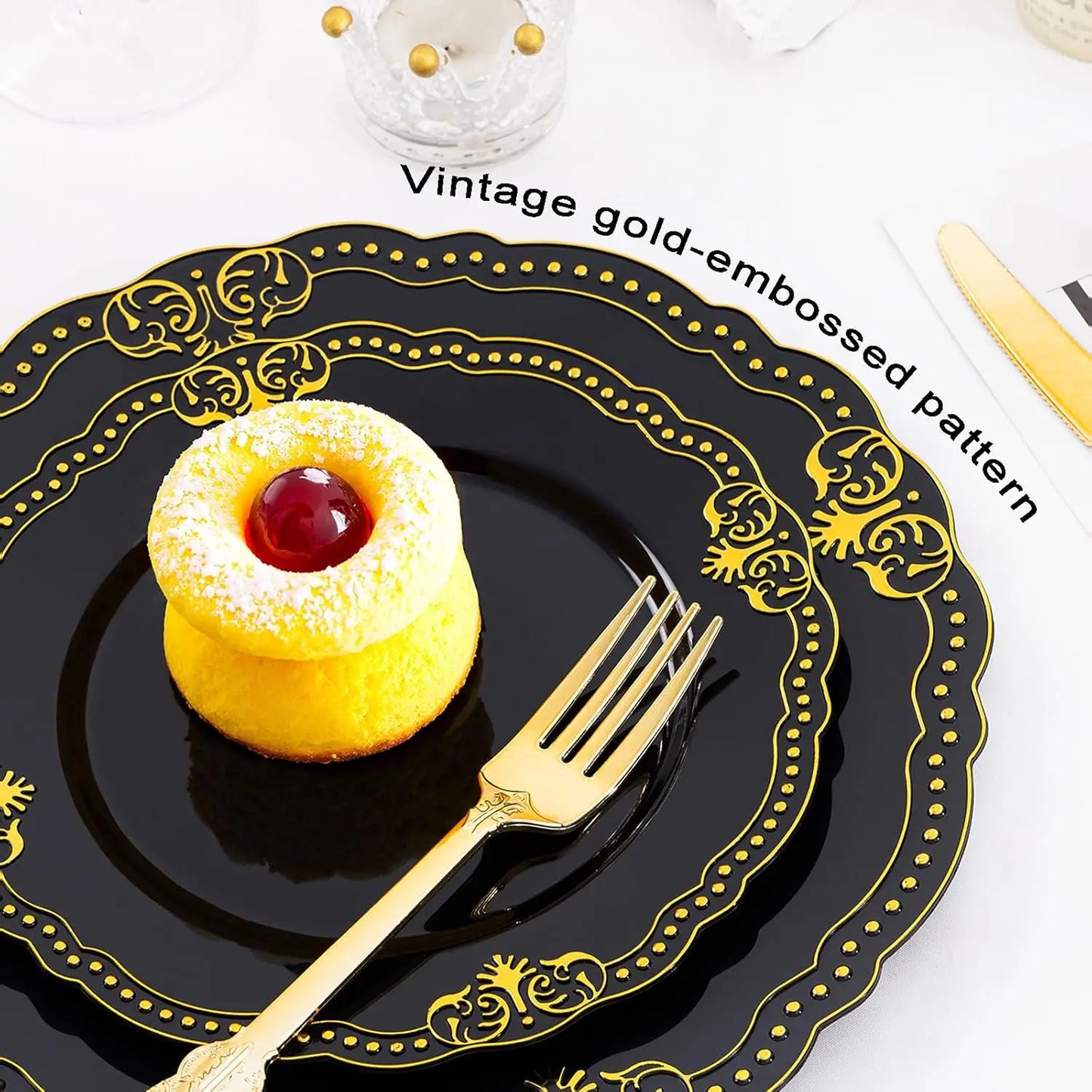 175 PCS Black and Gold Plastic Plates - Black Disposable Dinnerware Set with 50 Plates, 25 Knives, 25 Forks, 25 Spoons, 25 Cu