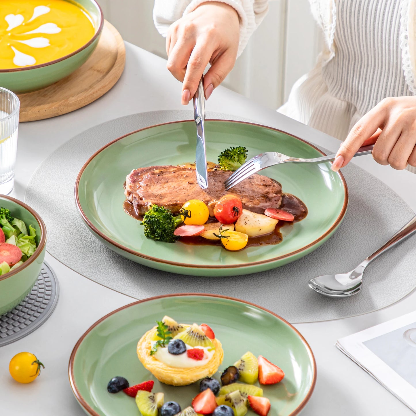 VANCASSO NYMPH 16/32 Piece Ceramic Glaze Tableware Set with Dinner/Dessert/Soup Plate/Bowl  For 4/8 Person 4 Color Optional
