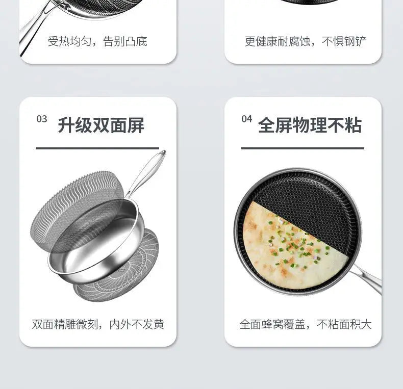 German 316L Stainless Steel Pan Honeycomb flat bottom Non-stick Skillet Frying Uncoated Induction Cooker Gas General Purpose