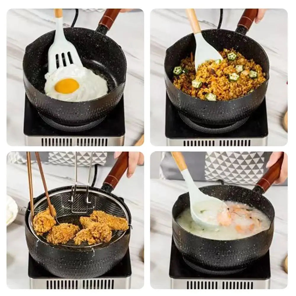 Portable Iron Omelette Pan Non-stick with Wooden Handle Wheat Stone Stockpot Noodle Pot Kitchen Supplies