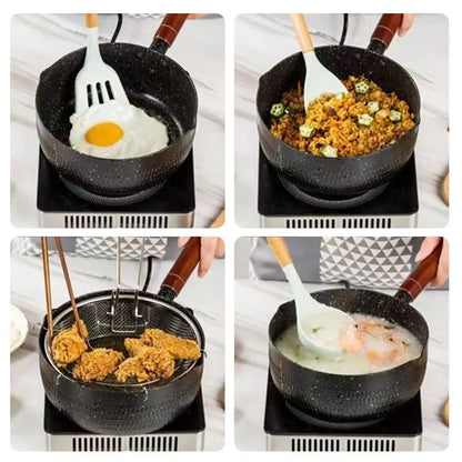 Portable Iron Omelette Pan Non-stick with Wooden Handle Wheat Stone Stockpot Noodle Pot Kitchen Supplies