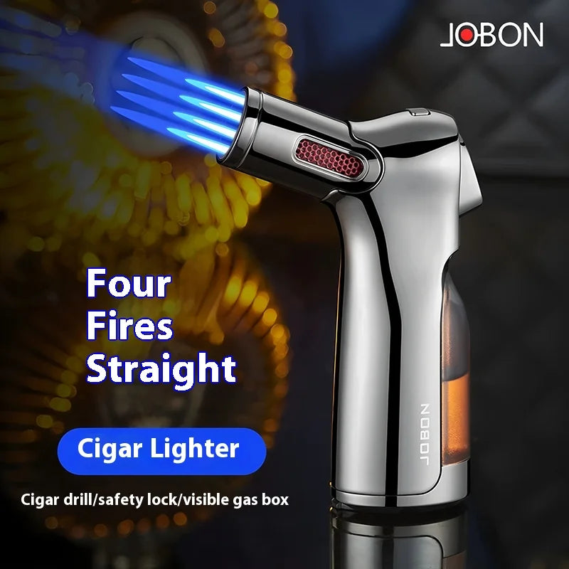 JOBON Visible Gas Four Torch Lighter Windproof Spray Gun Cigar Lighter for Kitchen Cooking Jewelry Welding Safety Lock