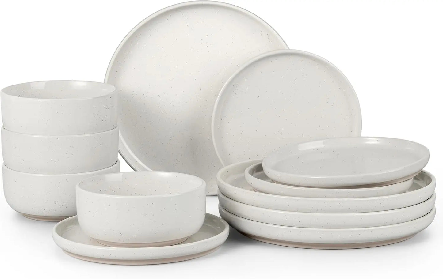 Stoneware Dinnerware Sets, 12-Piece Plates and Bowls Set for 4, Dishes Set for Home Restaurant, Speckled Milky White