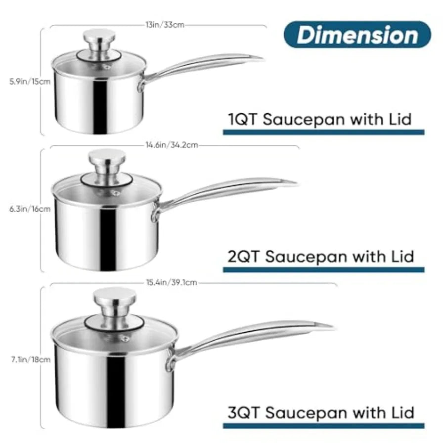 Stainless Steel Saucepan Set and and Sauce Pan with Lids 6pcs Tri-Ply Bottom Induction Compatible Small Cooking Pot kitchen Coo