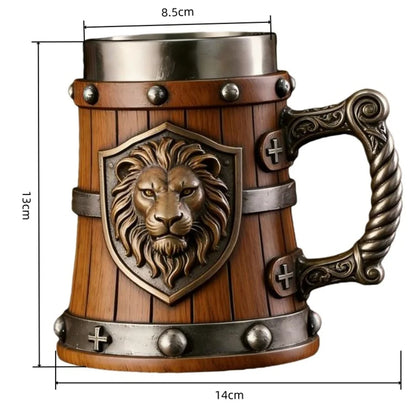 Medieval Lion Head Beer Mug Retro Wooden Look Tankard 304 Stainless Steel Inner Cup Vintage Gothic Stein Cup Gift for Men Father