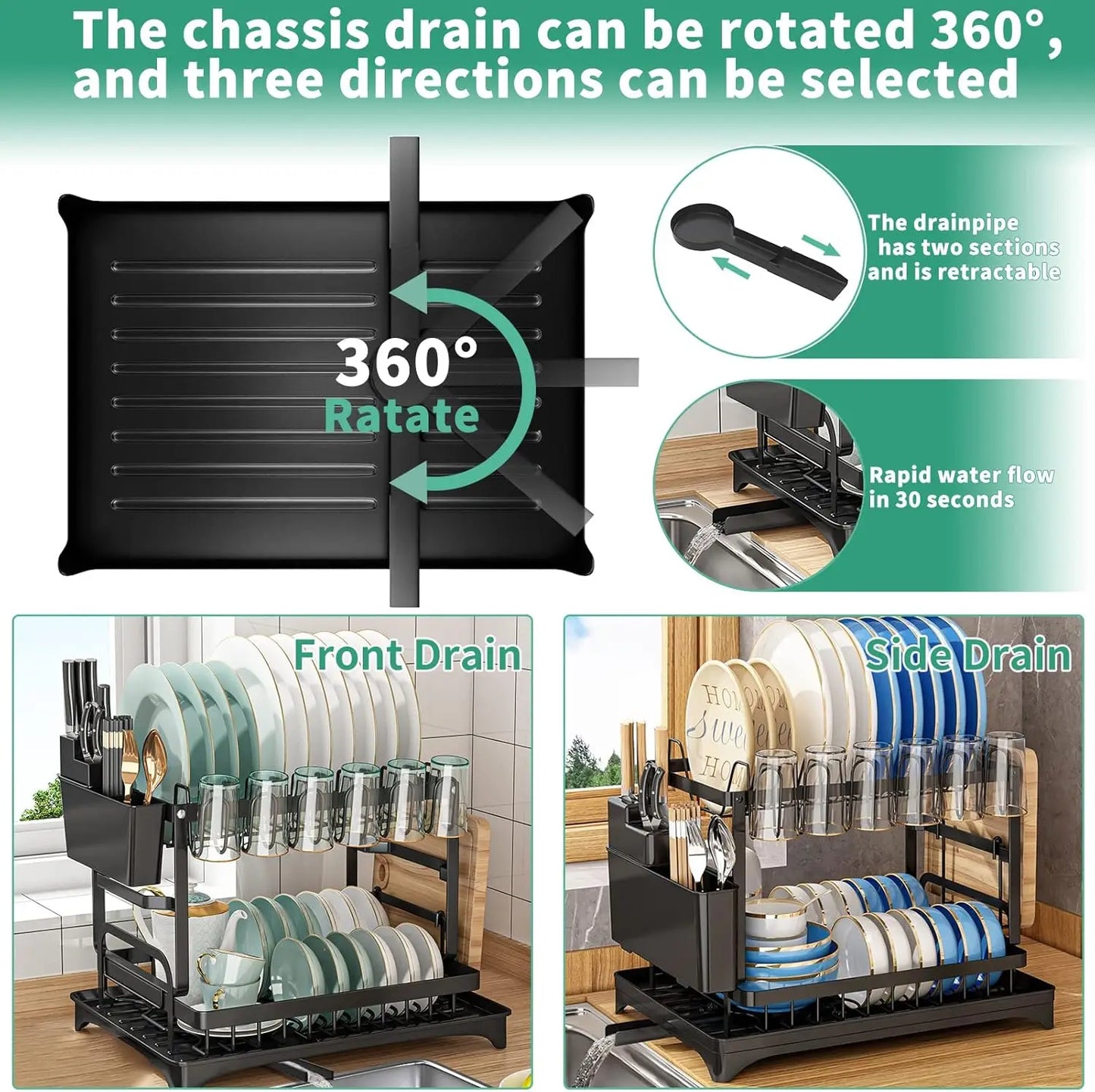 Kitchen countertop 2-tier dish drying rack, kitchen countertop dish drainer with drip tray, metal kitchen dish rack with drip tr