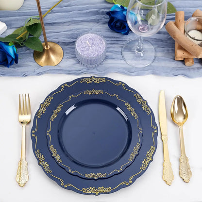 150Pcs Blue Plastic Plates Heavy Duty Navy Blue Disposable Plates with Gold Plastic Silverware include 30 Dinner Plate,30 Des