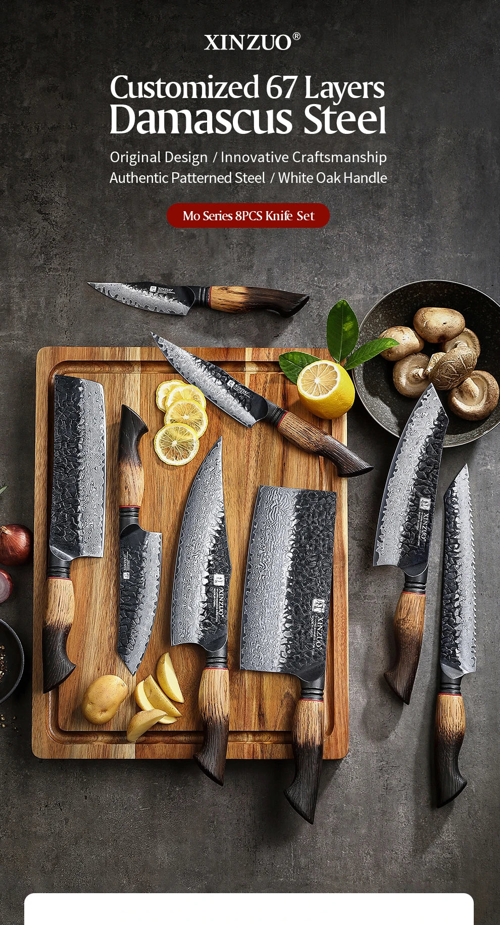 XINZUO Eight-piece Kitchen Knife Set 67 Layers Damascus Super Steel Hardness 60±2HRC Ideal For Home Kitchen Vegetable Prep