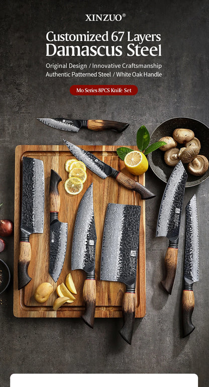 XINZUO Eight-piece Kitchen Knife Set 67 Layers Damascus Super Steel Hardness 60±2HRC Ideal For Home Kitchen Vegetable Prep