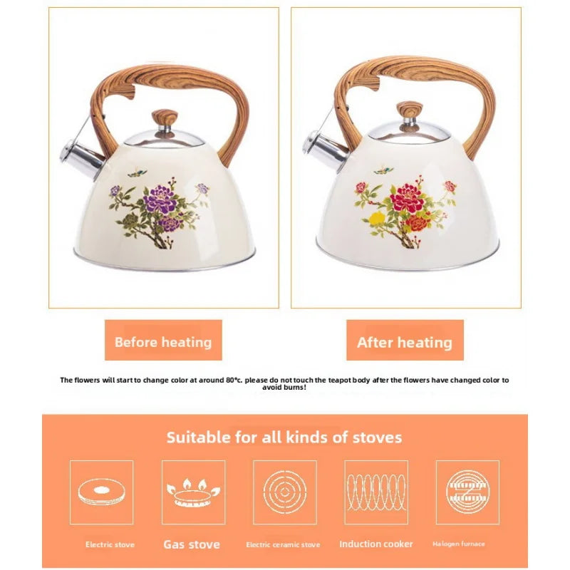 3L Color-Changing Flower Whistling Kettle, Stainless Steel Visual Alert When Water Boils, for Induction & Gas