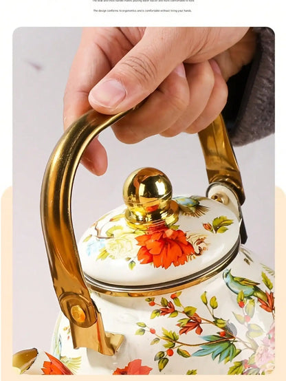 This Elegant Enamel Floral Pattern Kettle With A Gold Handle Is A Perfect Outdoor Kettle For Brewing Tea By The Fireplace. Made