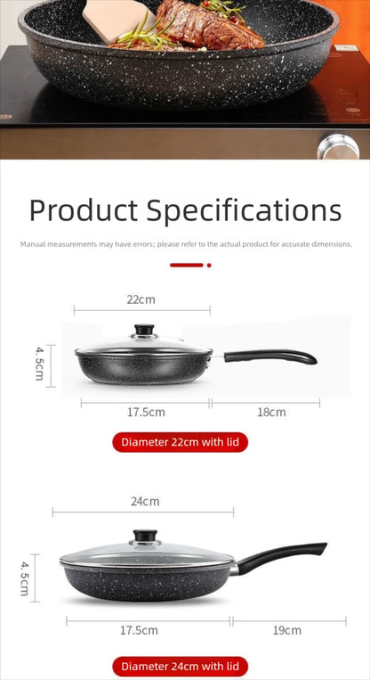 22/24/26/28cm Steak Frying Pan with Glass Lid Stone Skillet Cookware Muliti-Purpose NonStick Kitchen Cooking Tools