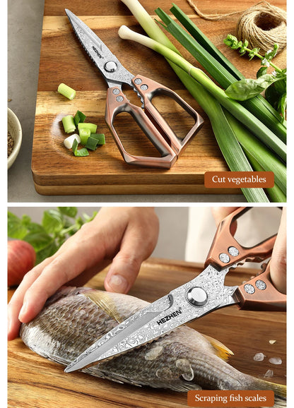 HEZHEN 110 Layers Damascus Steel Kitchen Scissors Walnut Powerful Multifunctional Crack Walnuts Open Beer Bottle