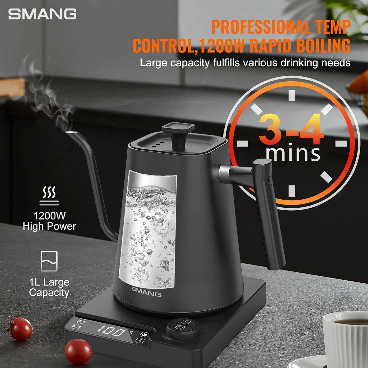 SMANG 1200W Gooseneck Electric Kettle 1L Temperature Control Coffee Kettle Pour Over Coffee Kettle Rapid Heating Kettle