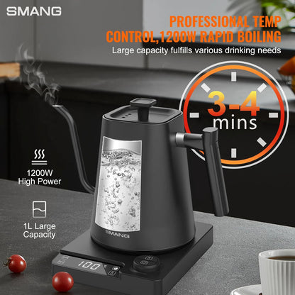 SMANG 1200W Gooseneck Electric Kettle 1L Temperature Control Coffee Kettle Pour Over Coffee Kettle Rapid Heating Kettle