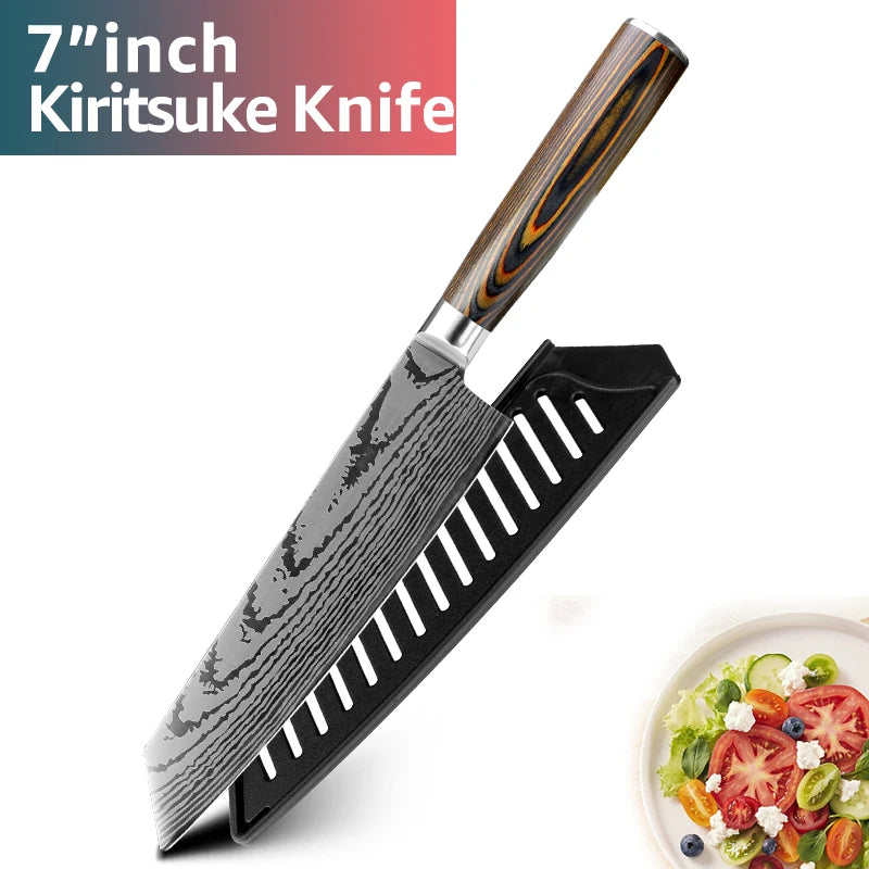 Kitchen Knife Set Professional Chef Knife 7CR17 Germany Stainless Steel Damascus Laser Meat Cleaver Slicing Santoku Cutter Tools