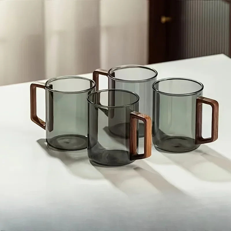 1/2pcs 400ml Glass Cups with Walnut Handle Household Heat-resistant Mug Large Capacity Tea Making Cup Office Drinking Glasses