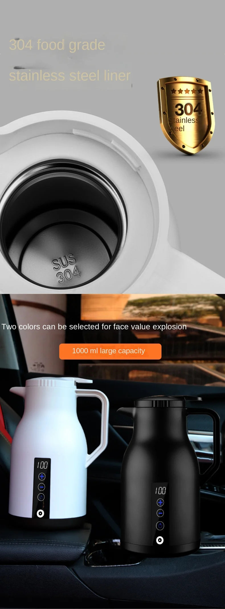 12V 24V 220V Car Water Boiling Electric Kettle Trucks with Quick Boiling and Insulation Fast Heating Car Electric Kettle 1000ML