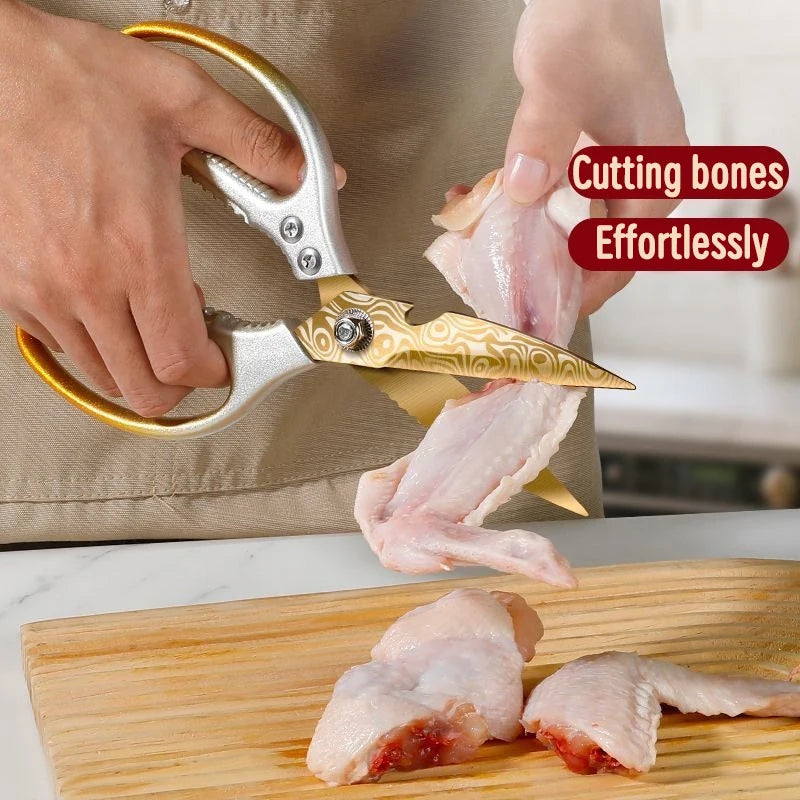 Golden Damascus pattern kitchen scissors, high hardness and strong chicken bone barbecue food specific scissors
