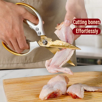 Golden Damascus pattern kitchen scissors, high hardness and strong chicken bone barbecue food specific scissors
