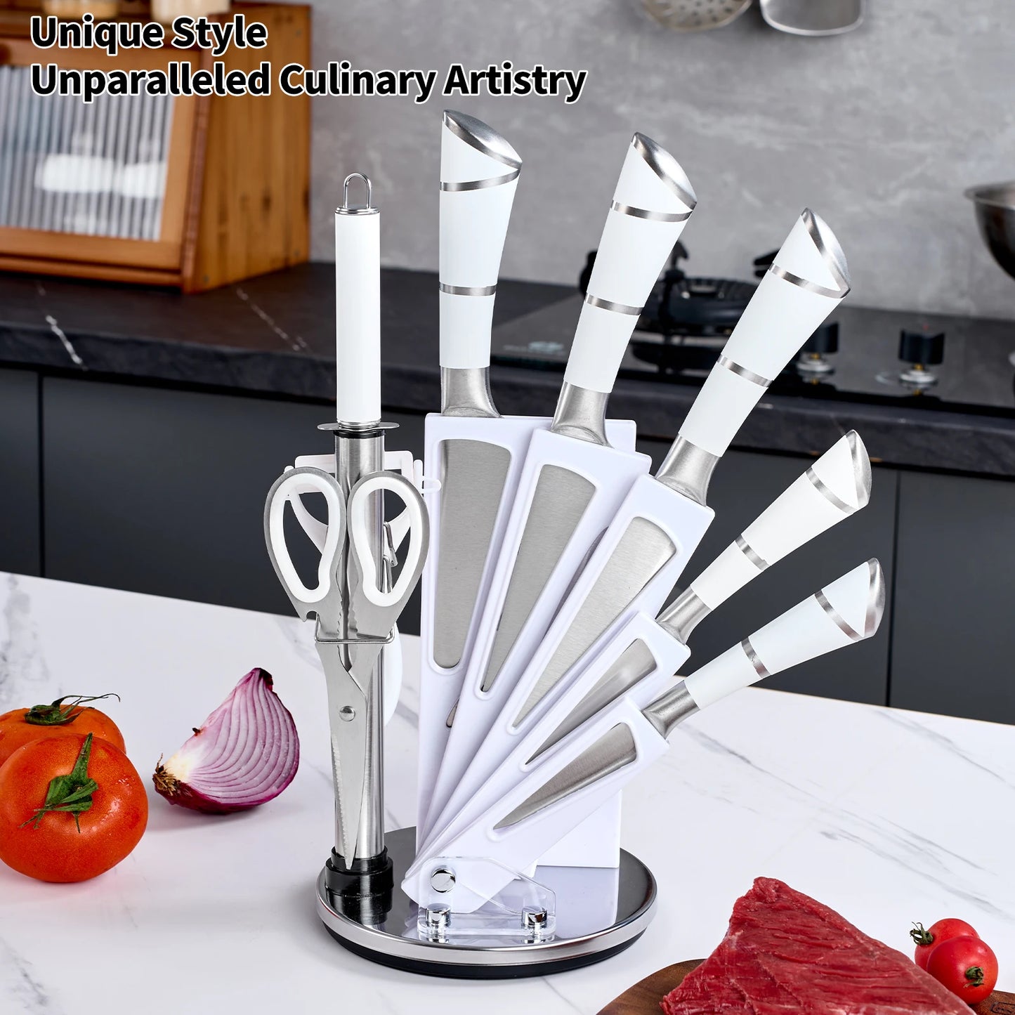 9-Piece Set Stainless Steel Kitchen Knives - with Storage Rack - Ultra-sharp Chef's Knife for Home Cooking Essentials Pink/White