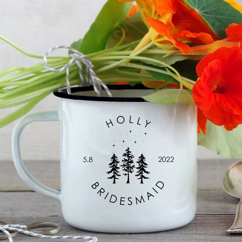 Personalized Bridesmaid Enamel Camping Mug Custom Name Date Bridal Party Coffee Cup Maid of Honor Gift Wedding Campfire Cups
