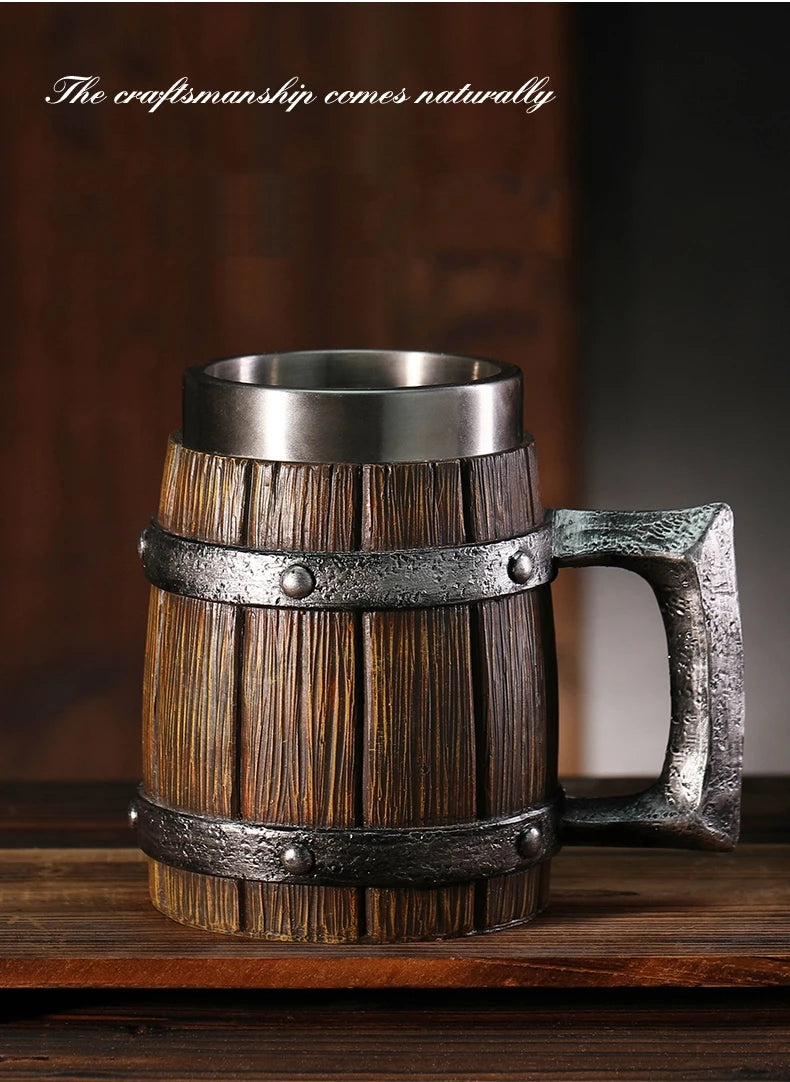 Viking Wood Style Beer Mug 3D Resin Stainless Steel Coffee Cup Wine Glass Metal Double Wall Mug Beer Jug Cup Thermal