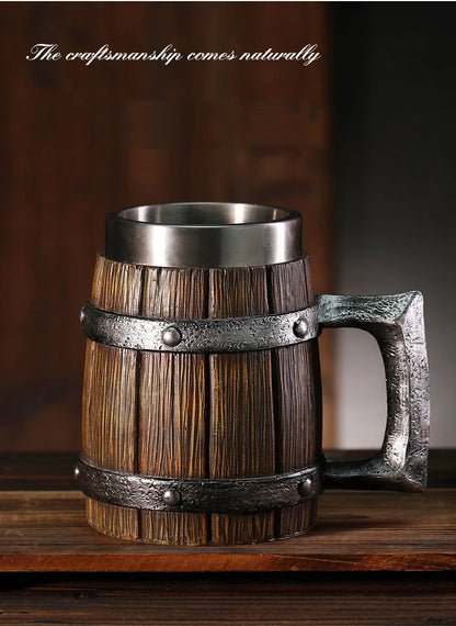 Viking Wood Style Beer Mug 3D Resin Stainless Steel Coffee Cup Wine Glass Metal Double Wall Mug Beer Jug Cup Thermal