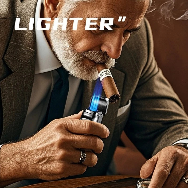 Smart 3 Flame Gas Cigar Lighter, Digital Display, with Cigar Drill, LED Light, Portable Multi-functional Ignition Lighter