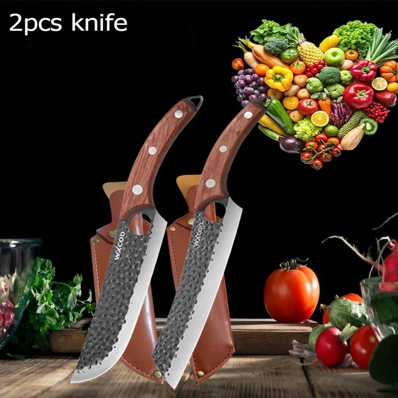 WXCOO 1~4pcs Kitchen Knife Set Stainless Steel Handmade Forged Meat Cleaver Boning Fruit Slicing Butcher Knife Cutting Board
