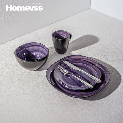 16pcs Square Tableware Set - Artfully Hand-Brushed, Colorful And Black-Trimmed Square Plates And Bowls Set, 4-Person Tableware S