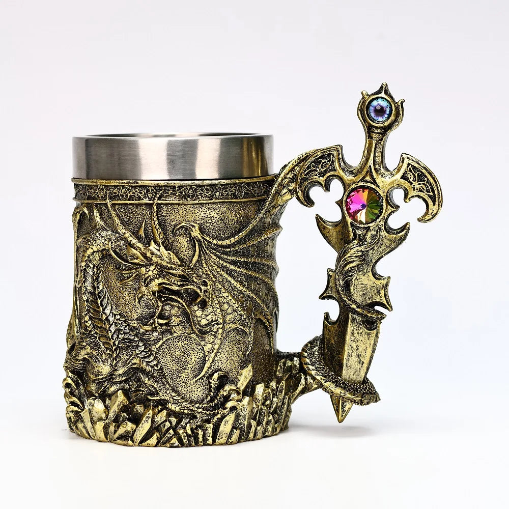Medieval Dragon Sword Coffee Mug Stainless Steel Resin Insert Beer Mugs Steins Tankard Dragon Themed Party Decor Friends Gift