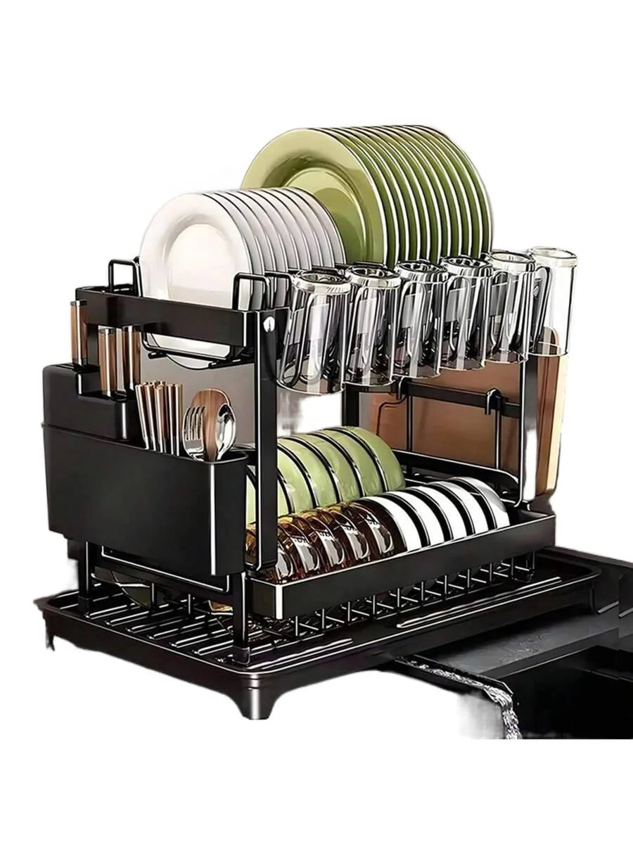 Dish Drying Rack,2-Tier Stainless Steel Dish Rack With Drainer Plate,Cup & Utensil Holder,Cutting Board Storage,Space-Saving Kitchen Organizer For Kitchen Counter & Sink,Mugs & Dinner Plates,Apartment Essentials,Kitchen Acces