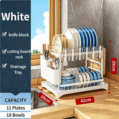2 Tier Dish Drying Rack Kitchen Bowl Drainer Storage Rack Tableware Drain Chopsticks Knife Fork Water Cup Storage Holder 2 Tier
