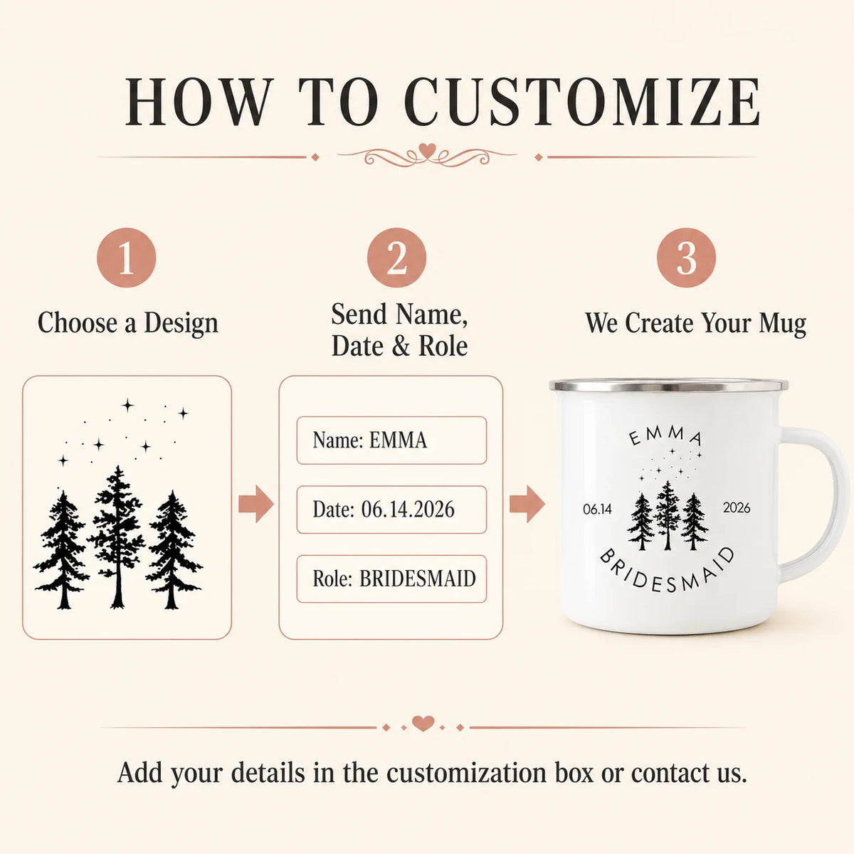 Personalized Bridesmaid Enamel Camping Mug Custom Name Date Bridal Party Coffee Cup Maid of Honor Gift Wedding Campfire Cups