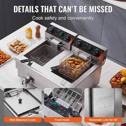 SucceBuy  12L Electric Deep Fryer w/Dual Removable Tanks Commercial Countertop  Fryer for Chicken French Fries Frying Chips