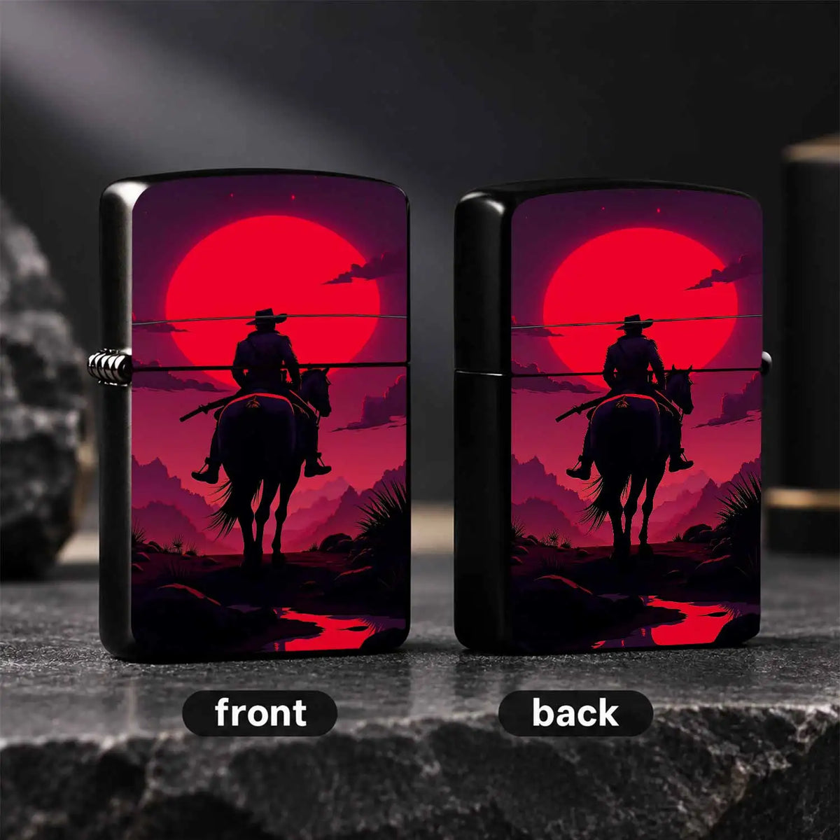 Western Cowboy Rider Horse Silhouette Lighter, Red Sunset Desert Retro Aesthetic Art Pattern Portable Lighter, Ideal For Daily Outdoor Travel Camping, Exquisite Unique Gift For Men And Women, Decorative Practical Access A Hum