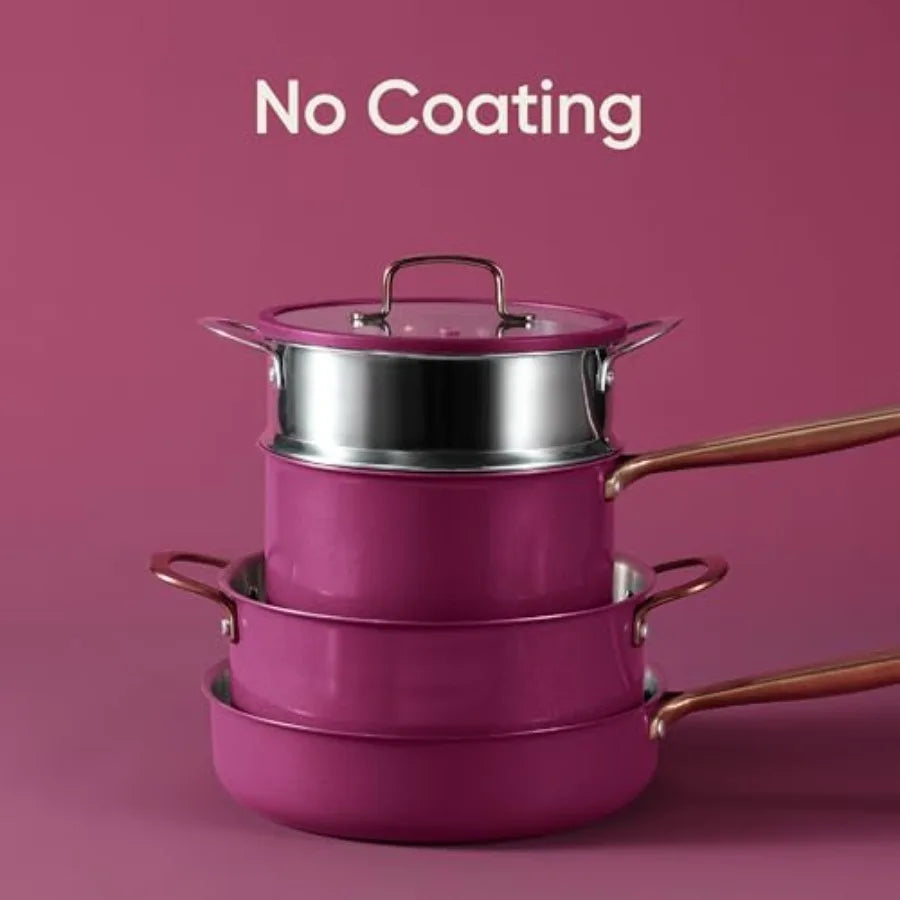24pcs Tri-Ply Stainless Steel Cookware Set Pots and Pans for Induction Cooking Non-Toxic Outer Ceramic Layer Violet Purple