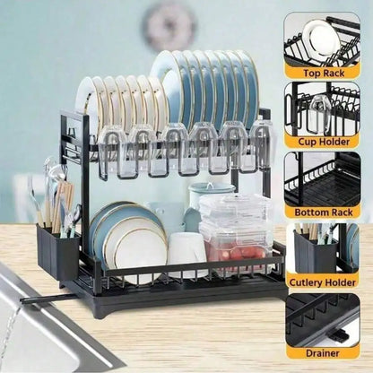 Dish Drying Rack,2-Tier Stainless Steel Dish Rack With Drainer Plate,Cup & Utensil Holder,Cutting Board Storage,Space-Saving Kitchen Organizer For Kitchen Counter & Sink,Mugs & Dinner Plates,Apartment Essentials,Kitchen Acces