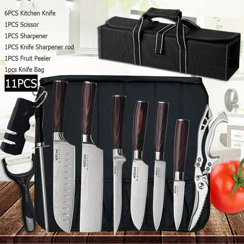 WXCOO Professional Chef Knife Damascus Japanese Stainless Steel Kitchen Boning Knives Set with Roll Canvas Bag