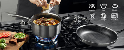 KOCH SYSTEME CS Hybrid Nonstick Stainless Steel Saucepan, 1+2+3 Quart Tri-Ply Stainless Steel Sauce Pan, Sauce Pan Set