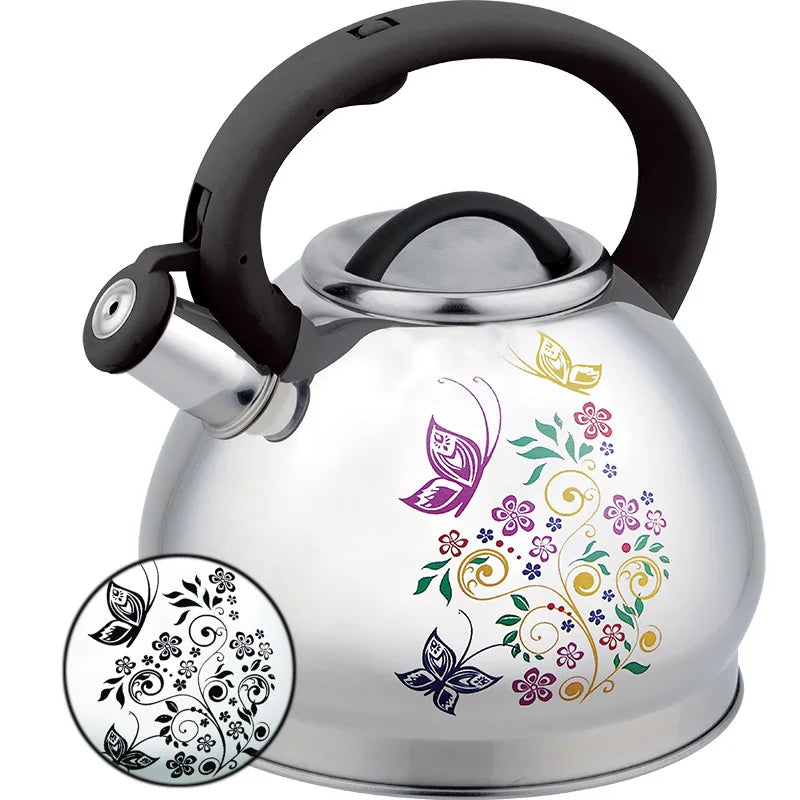 3L Color-Changing Flower Whistling Kettle, Stainless Steel Visual Alert When Water Boils, for Induction & Gas