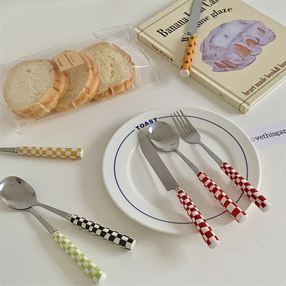 3pcs Stainless Steel Ceramics Handle Cutlery Set Dinnerware Clamp Western Tableware Knife Fork Tea Spoon