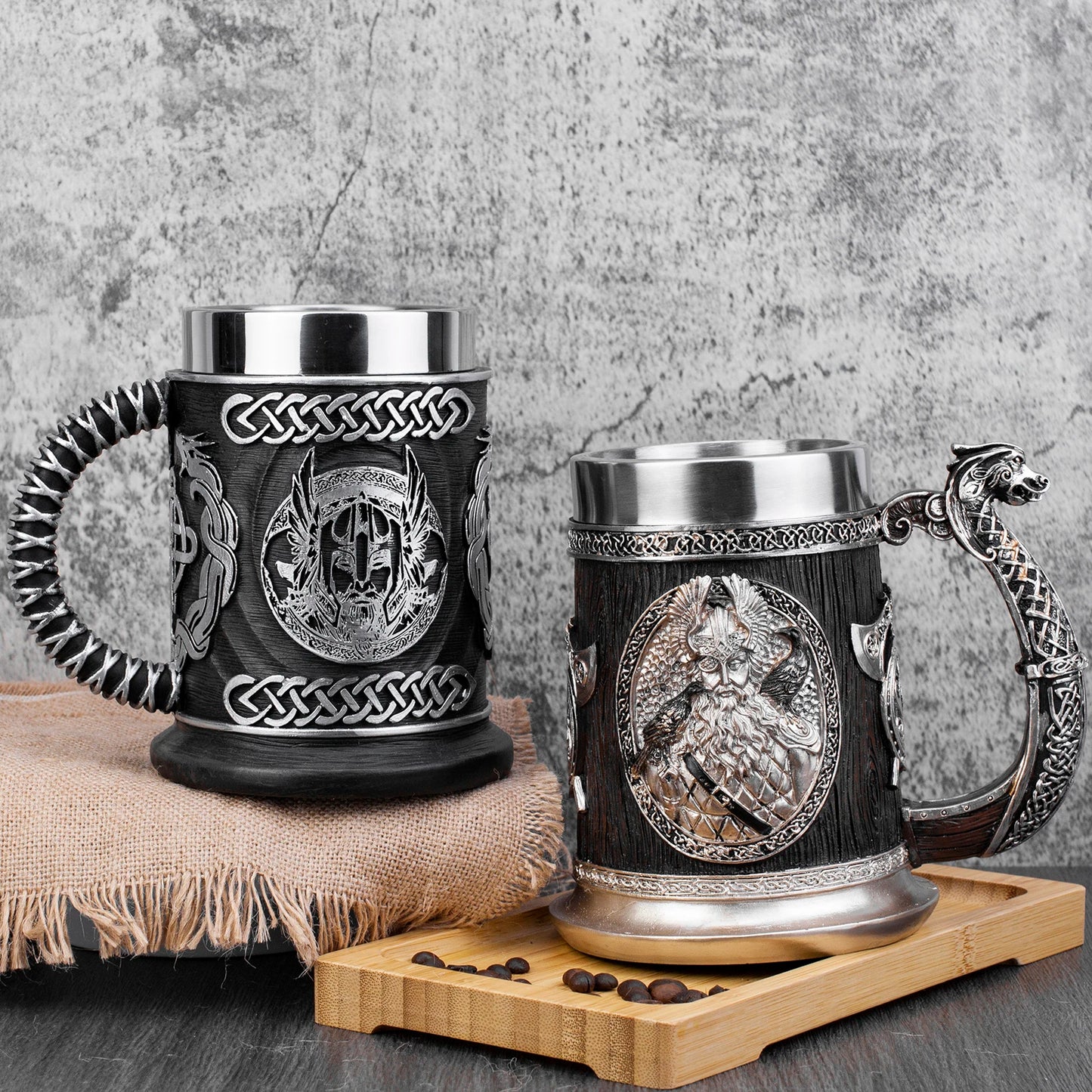 Vintage Medieval Heraldic Crest Beer Mug Lion Eagle Snake Badger Sculpture Handle Resin Stein Mug with Stainless Steel Liner
