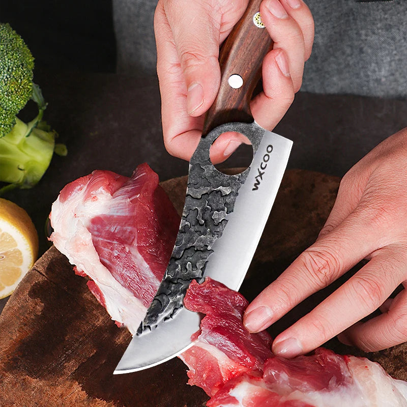 WXCOO Multifunctional Hand Forged Butcher Knife Kitchen Knife Durable Blade for BBQ Meat Cutting Boning Knife Wooden Handle