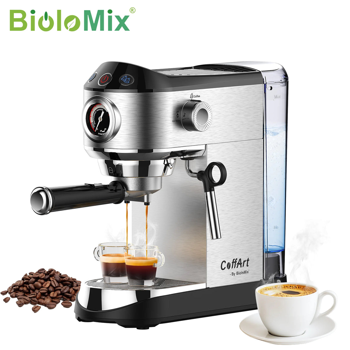 BioloMix 20 Bar Stainless Steel Semi-Automatic Coffee Machine with Milk Frother Wand for Espresso Cappuccino And Powder Coffee