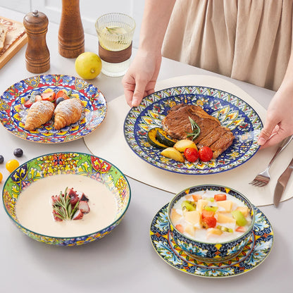 vancasso 24 Pcs Dinnerware Sets Bohemian Double Side Porcelain Ceramic Plates Set with 6PCS Dinner Plate/Dessert Plate/Soup/Bowl