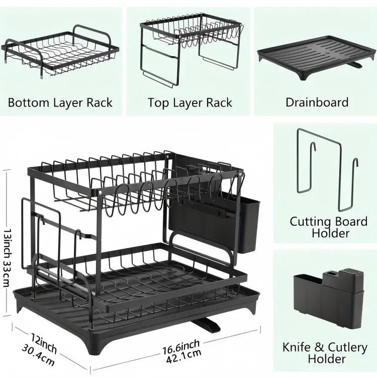 2 Tier Dish Drying Rack Kitchen Bowl Drainer Storage Rack Tableware Drain Chopsticks Knife Fork Water Cup Storage Holder 2 Tier